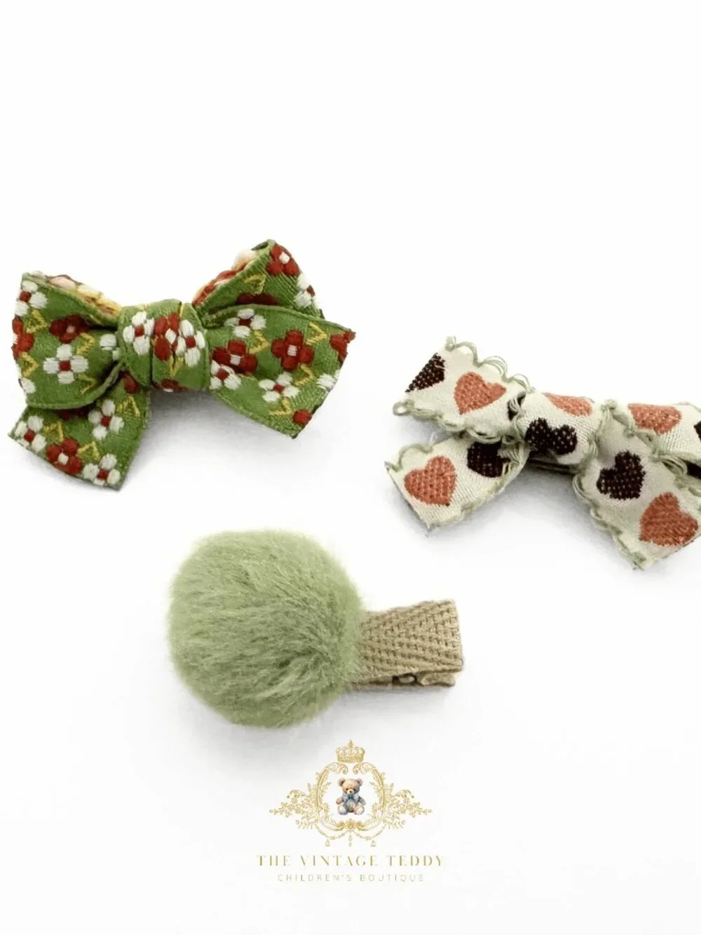 NWT Pretty Girls Hair Bows Hair Clips Kids Accessories Set of 3 Ribbon Pom Green